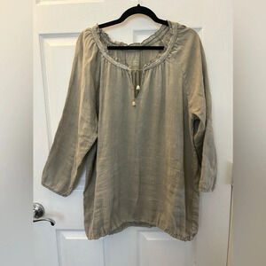 120% Lino Ivory Embellished Pintucked Linen Shirt Size XLarge Long Sleeve